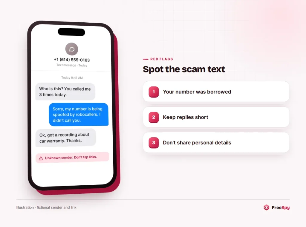 Text messages from a stranger saying you called them, and a short reply explaining the number was spoofed