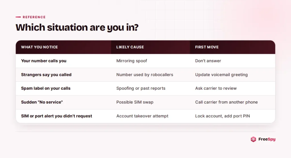 Table matching symptoms of a misused phone number to their likely cause and the first thing to do