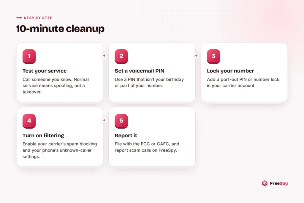 Steps to secure your phone number after spoofed calls, from a test call to reporting