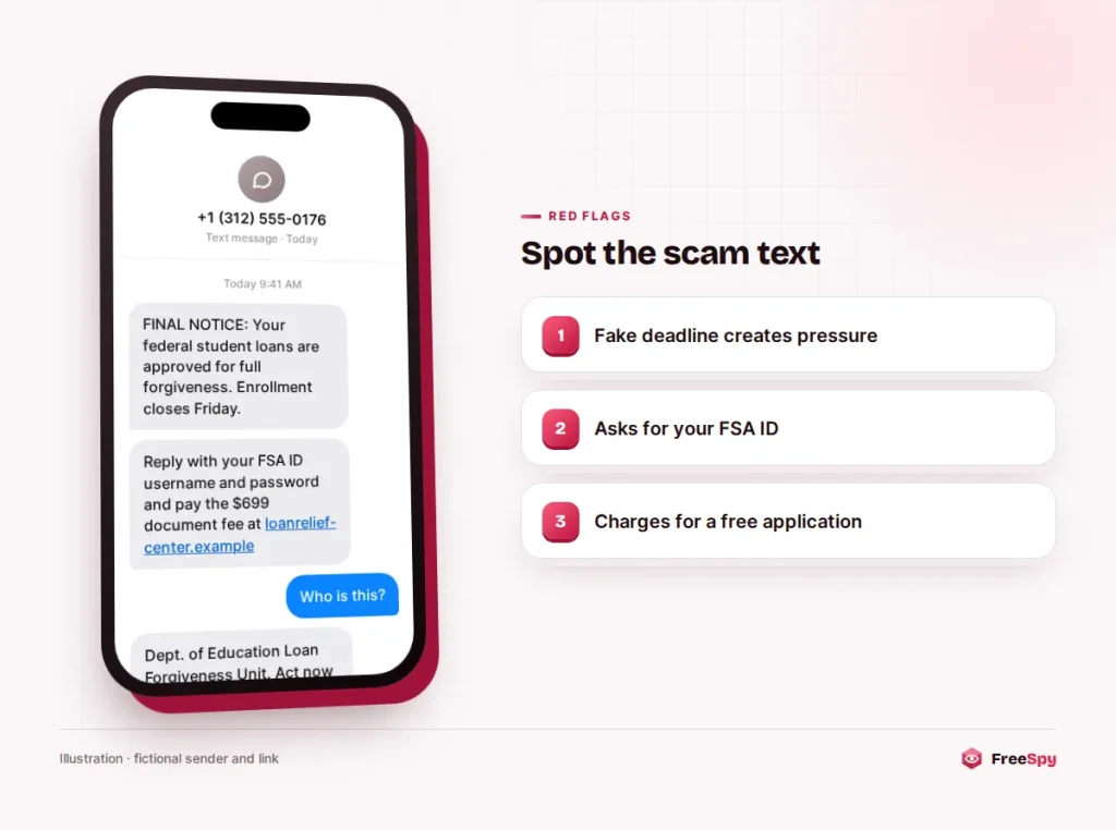 Text message claiming student loans qualify for forgiveness and asking for an FSA ID and a fee