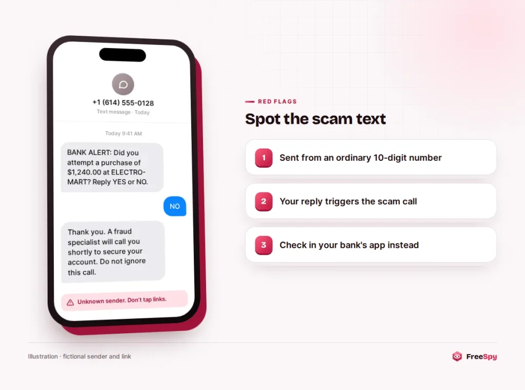 Text message mockup of a fake bank fraud alert that leads to a scam phone call