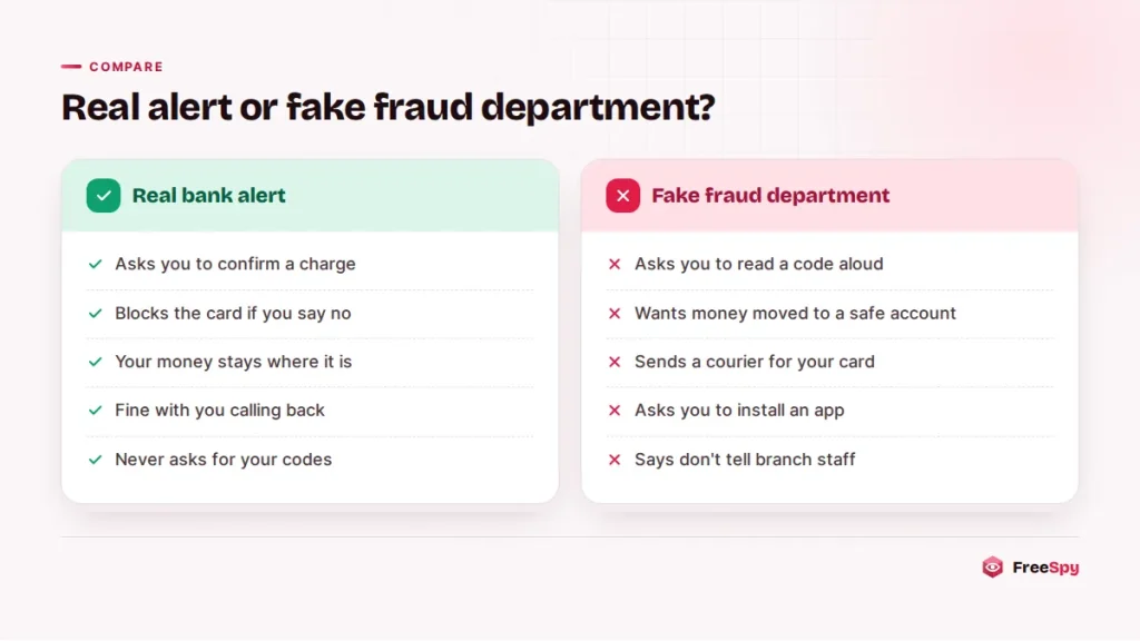 Comparison of a real bank fraud alert and a fake fraud department call