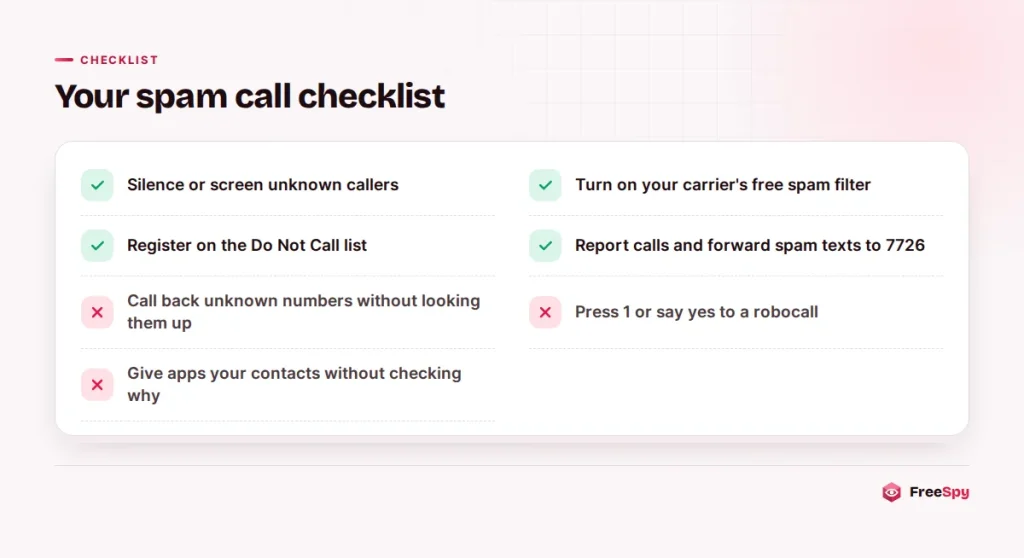 Checklist of things to do and avoid when dealing with spam calls