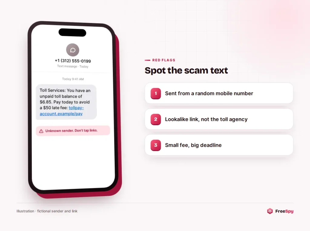 Text message mockup of a fake unpaid toll notice with a payment link