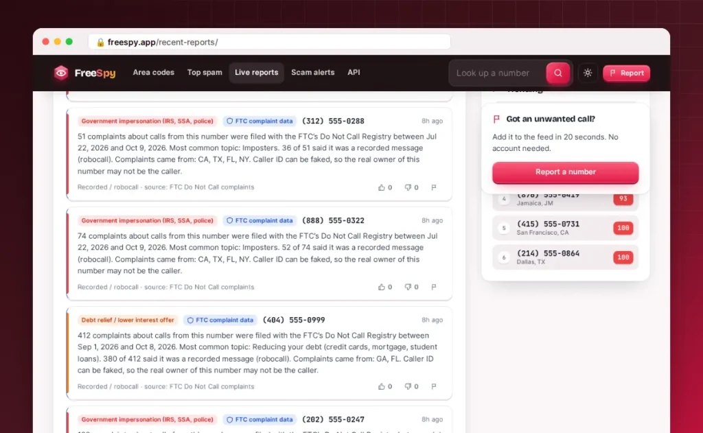Screenshot of the FreeSpy recent reports feed with category filters and report cards