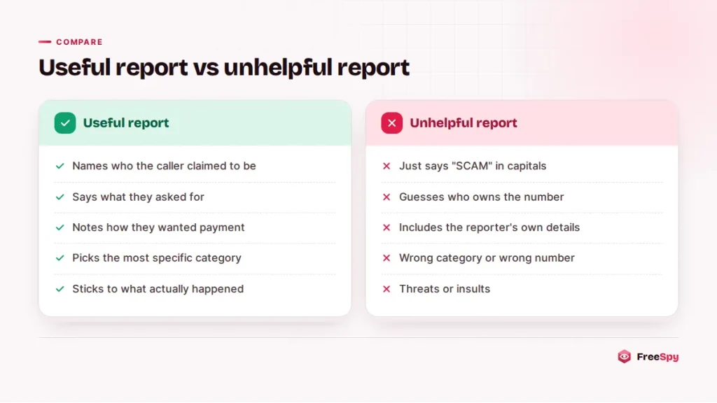 Comparison of a useful spam call report and an unhelpful one