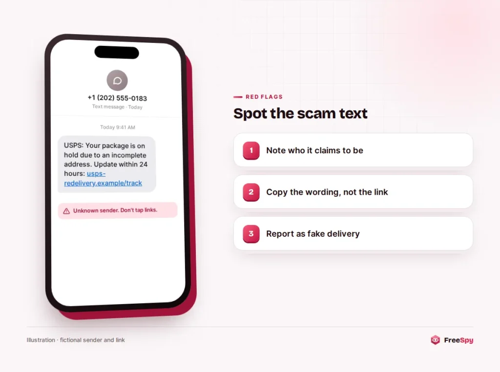 Text message mockup of a fake package delivery scam with a suspicious redelivery link