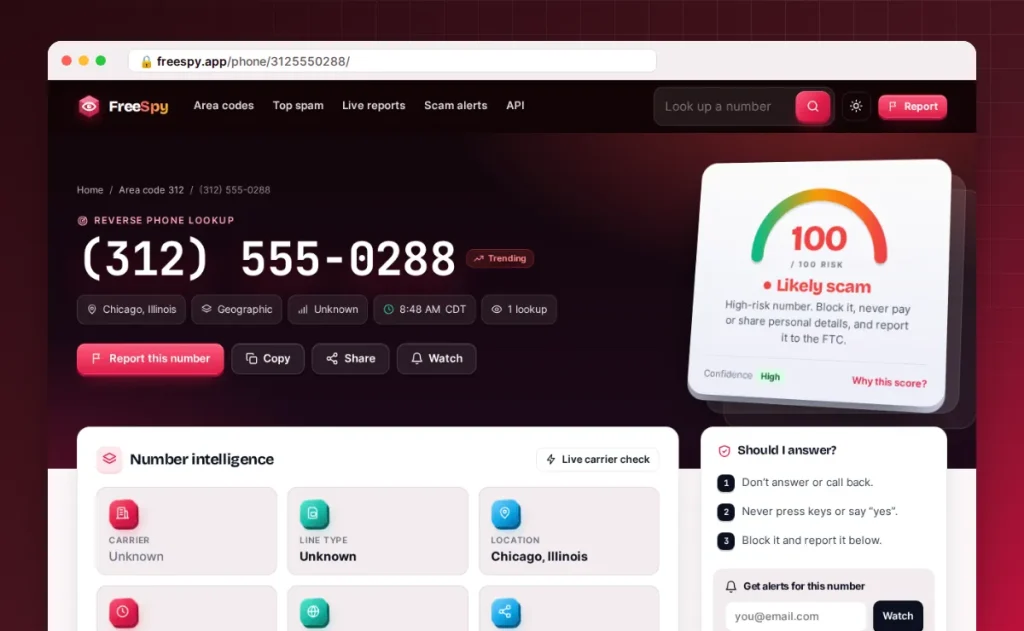 FreeSpy number page for (202) 555-0147 showing verdict, risk score and location