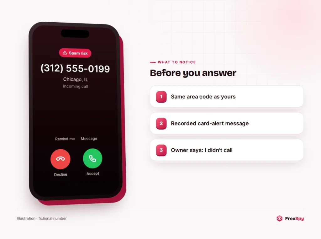 Incoming call from (312) 555-0199 that matches the user's own area code, labeled spam risk
