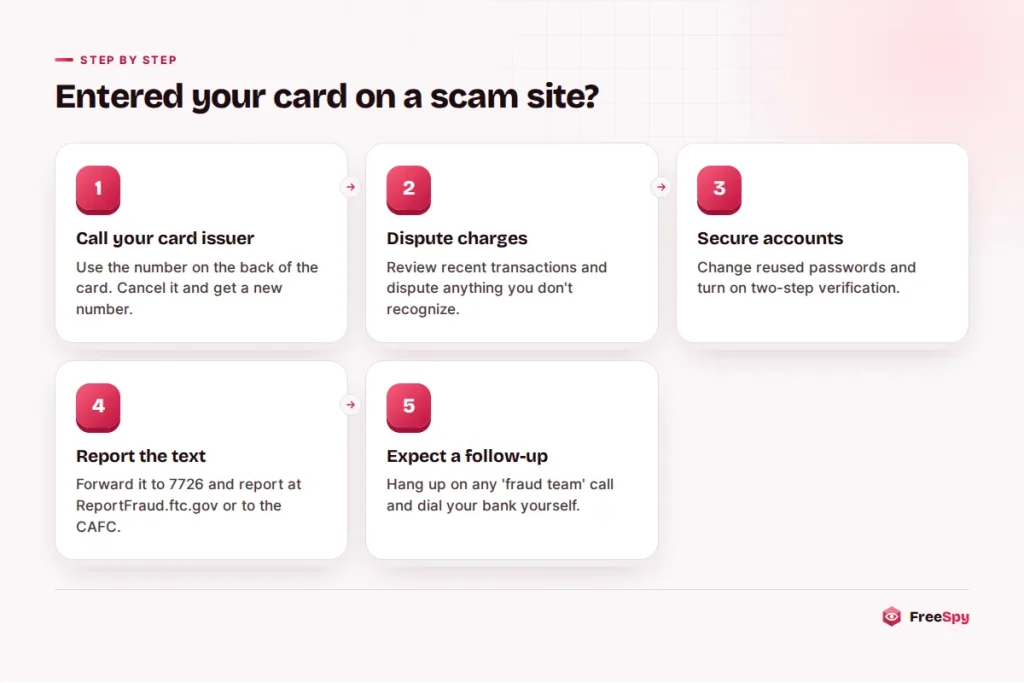 Steps to take after entering card details on a scam website from a text message