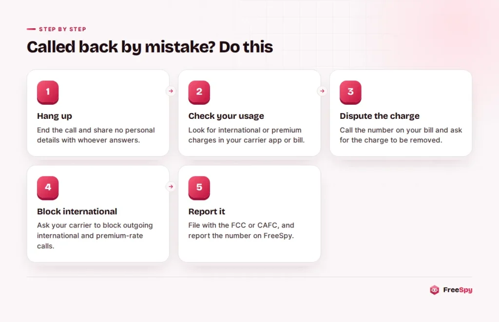 Steps to take after returning a one-ring scam call, from checking charges to reporting