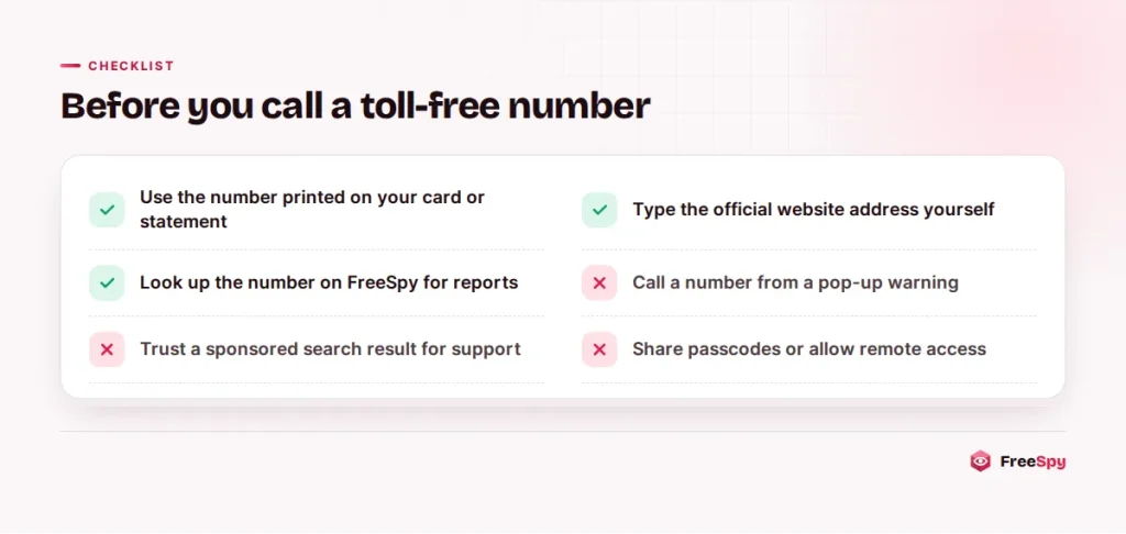 Checklist for checking a toll-free number before calling