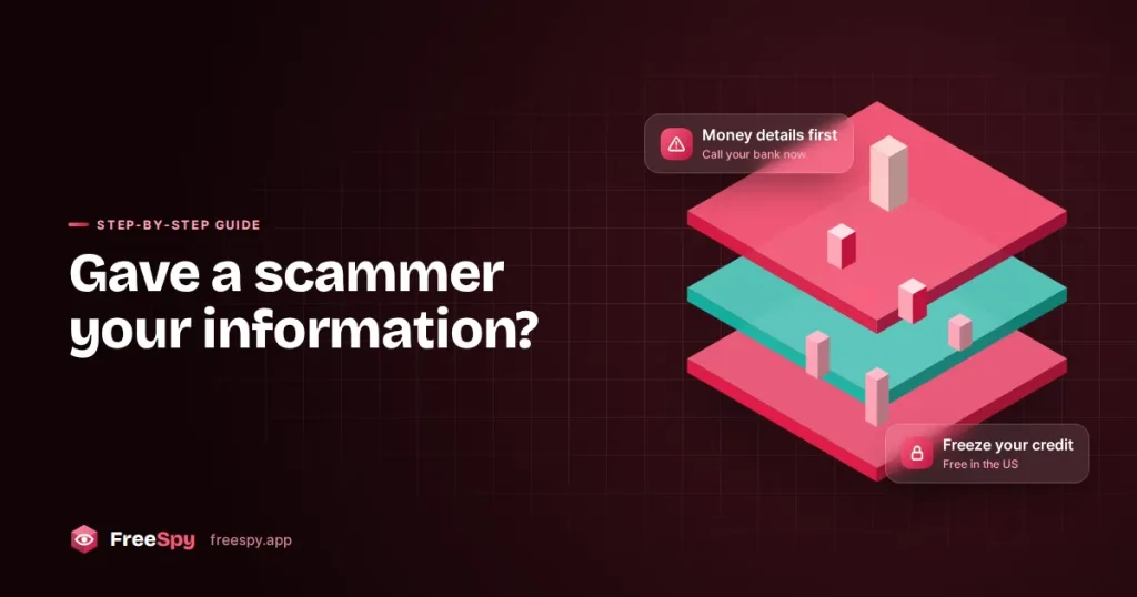 Layered illustration for a step-by-step guide on what to do after giving a scammer personal information