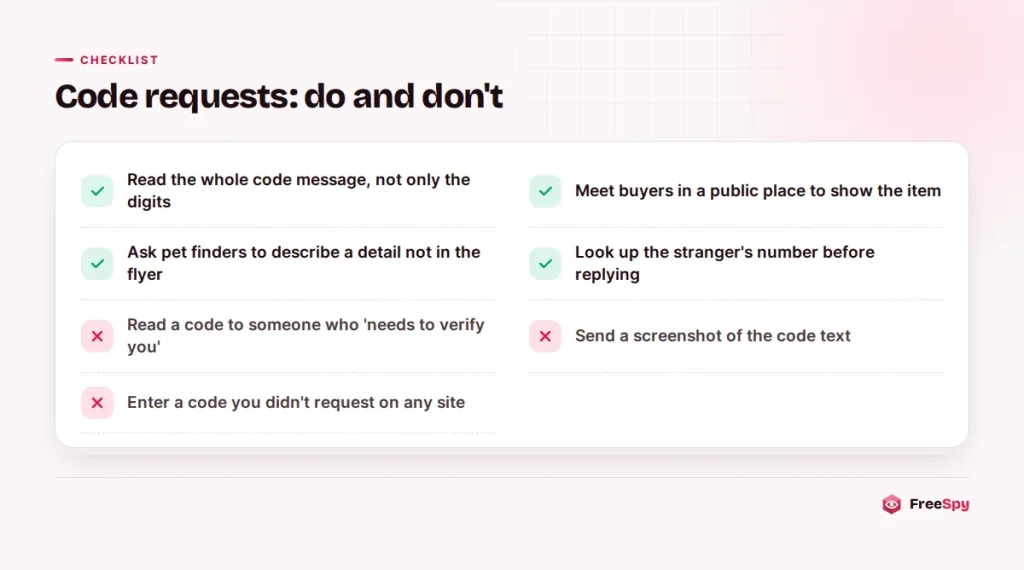Checklist of safe and unsafe responses when a stranger asks for a verification code