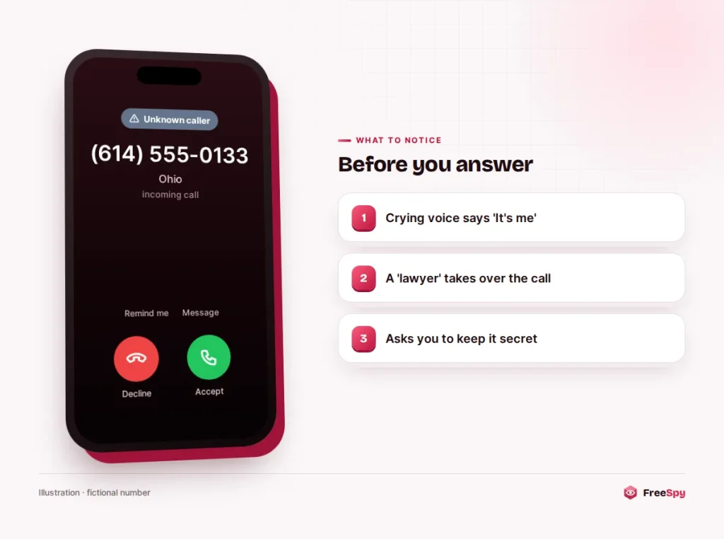 Incoming call screen from an unknown number with notes on grandparent scam warning signs
