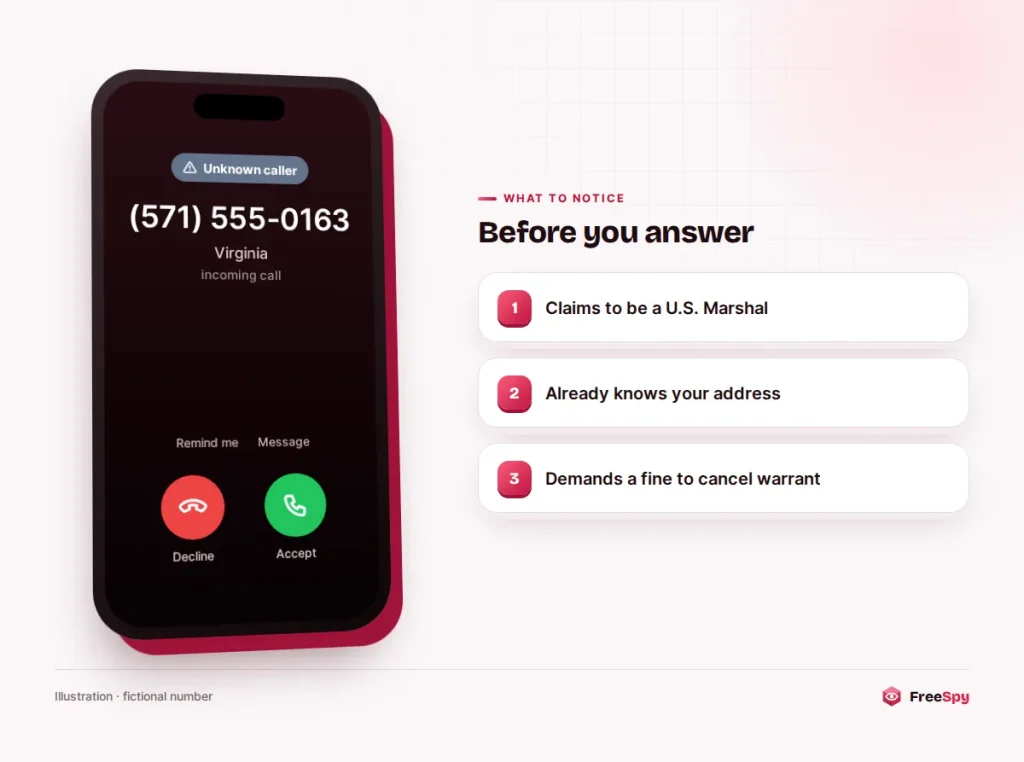 Incoming call screen from an unknown Virginia number claiming to be a U.S. Marshal
