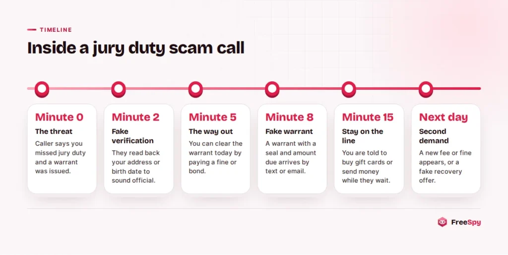 Timeline of a typical jury duty scam call from first threat to payment demand