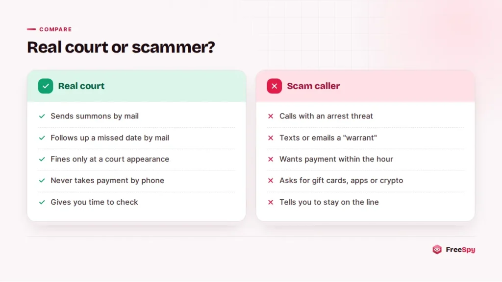 Comparison of how real courts contact jurors versus what jury duty scammers do
