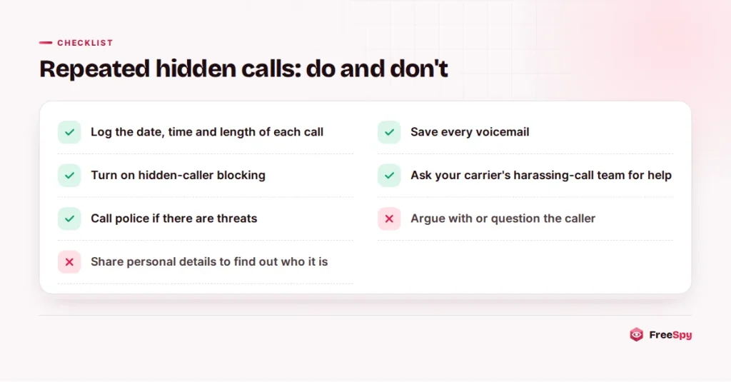 Checklist of what to do and not do when hidden-number calls turn into harassment