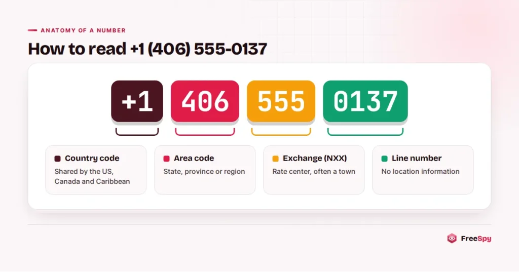Breakdown of the phone number +1 (406) 555-0137 into country code, area code, exchange and line number
