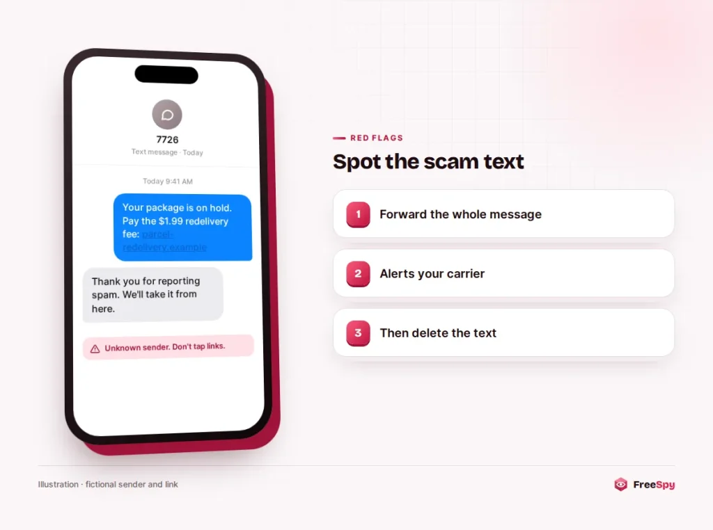 Phone screen showing a scam text forwarded to 7726 and a confirmation reply