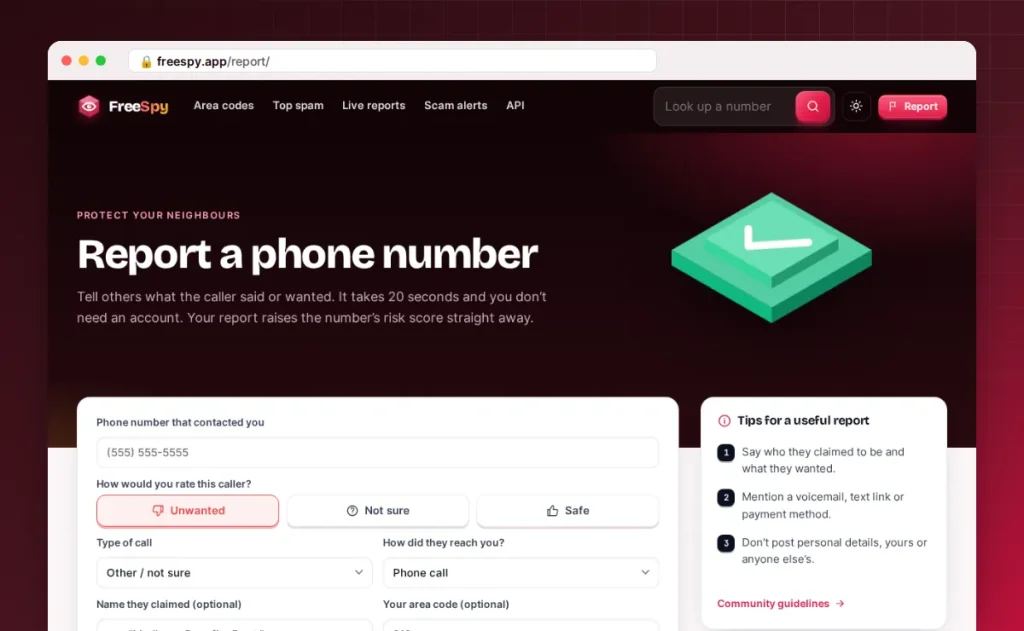 FreeSpy report form for adding a community report about a phone number