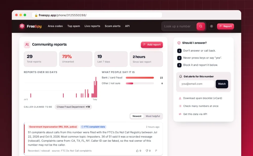 FreeSpy number page showing community reports and risk factors for a phone number
