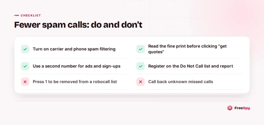Checklist of habits that reduce spam calls, and habits that make them worse