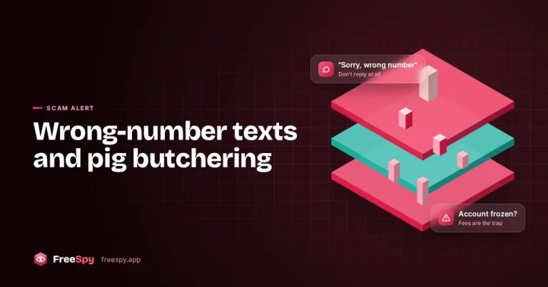 Layered chat messages and a rising chart representing a wrong-number text that turns into an investment scam