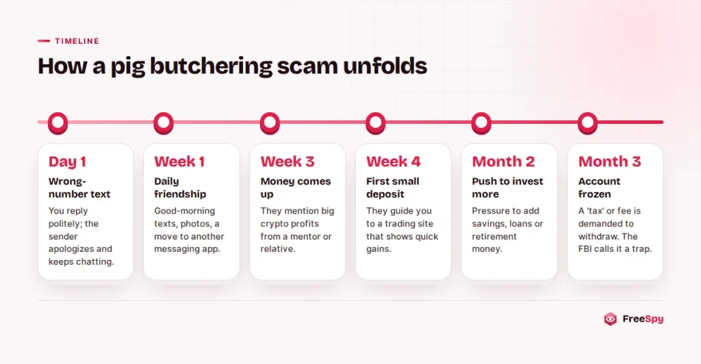 Timeline of a pig butchering scam from a wrong-number text to a frozen investment account