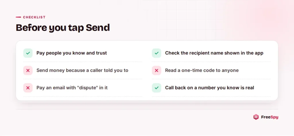 Checklist of questions to ask before sending money through Zelle, Venmo or Cash App